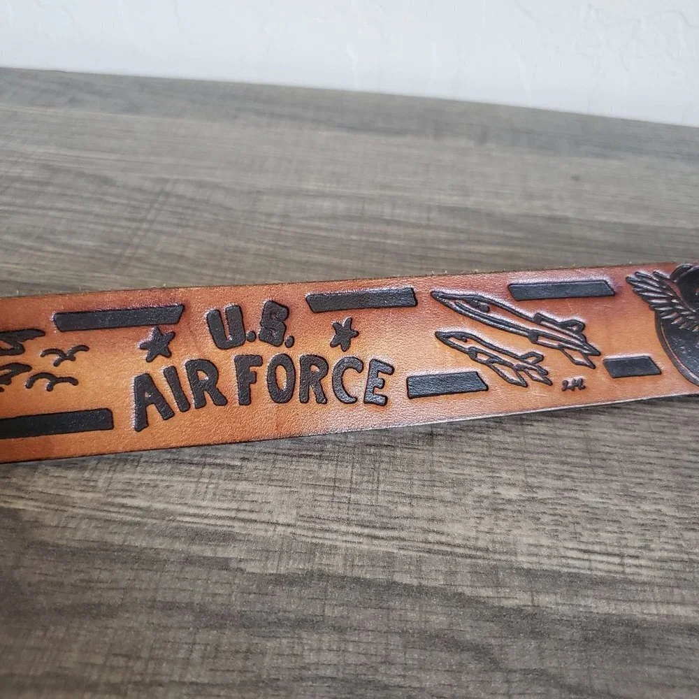 Tooled Genuine Leather U.S. Airforce Belt Jets Eagle Brown Made in USA Mens L/XL